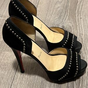 Christian Louboutin Black Suede Studded Peep-Toe Heels with Red Sole
